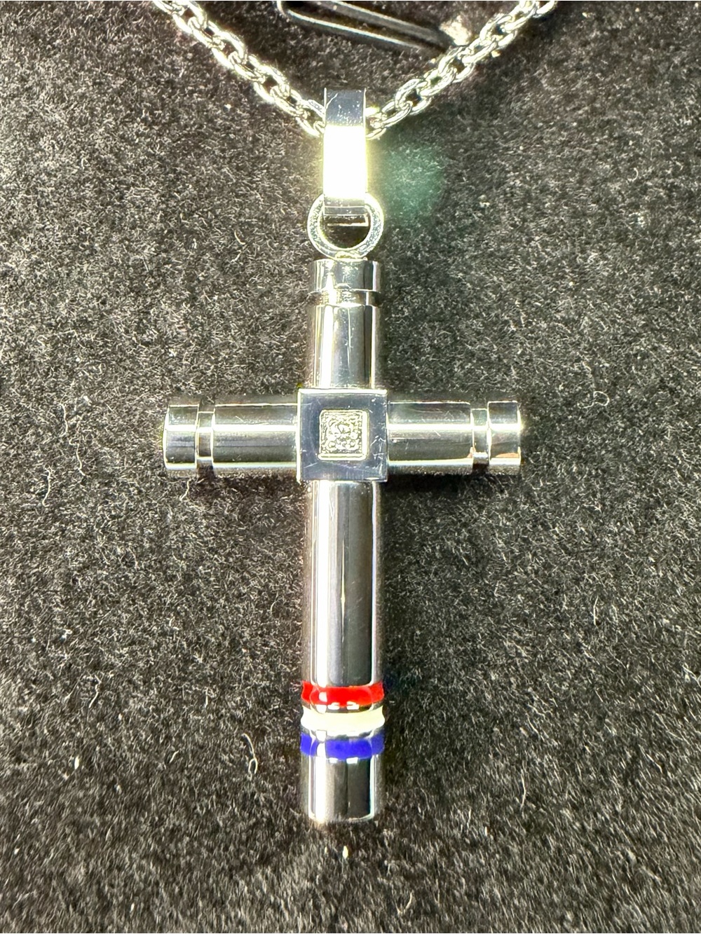 Men's Polished Silver Cross Pendant with Red, White & Blue Accents